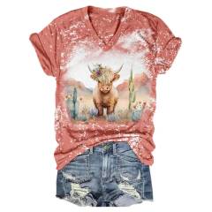 Highland Cow Chic Tie Dye V-Neck T-Shirt with Western Print